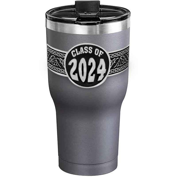 A customized tumbler made of stainless steel with a personalized engraved Class of 2024 lettering, 30 oz, ideal for coffee or cool drinks